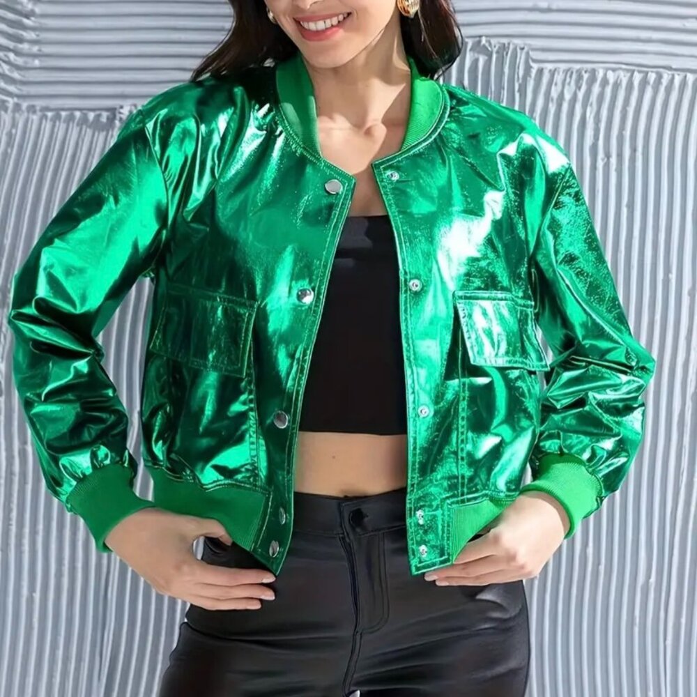 Cropped Metallic Green Lame Fabric Bomber Style Jacket NWOT Lightweight
